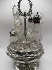 Antique Silverplate Cruet Set Grapes And Leaves Design 425 Six Glass Bottles