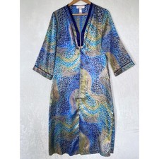 Vtg Oscar de la Renta Pink Label Leopard Print Silk Robe Kimono Cover Up Blue M