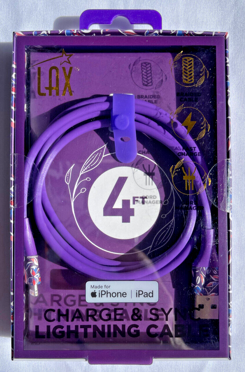 LAX Apple MFI-Certified Charge & Sync Lightning Cable 4ft Braided Purple w/Flwrs-image