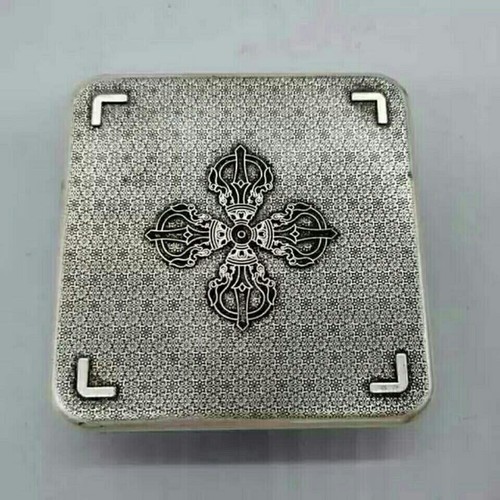 Fortune rare Tibet silver copper inkstone pen wash pot Treasures ink pad box Art - Picture 2 of 5