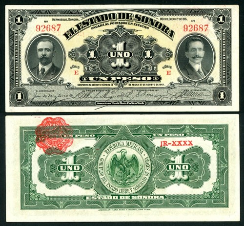 MEXICO- Revolutionary Sonora 1 Peso P-S1071 1915 Gonzalez & Suarez- Crisp VF-EF!