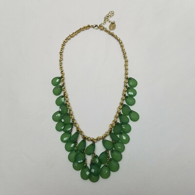 Zad Green Faceted Tear Drop beaded Goldtone Statement Necklace 17'