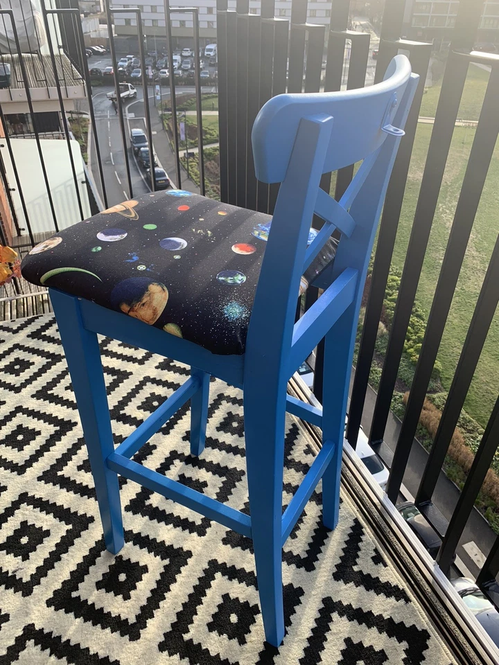 Upcycled Blue/Space Pattern Bar Stool - Image 3 of 4
