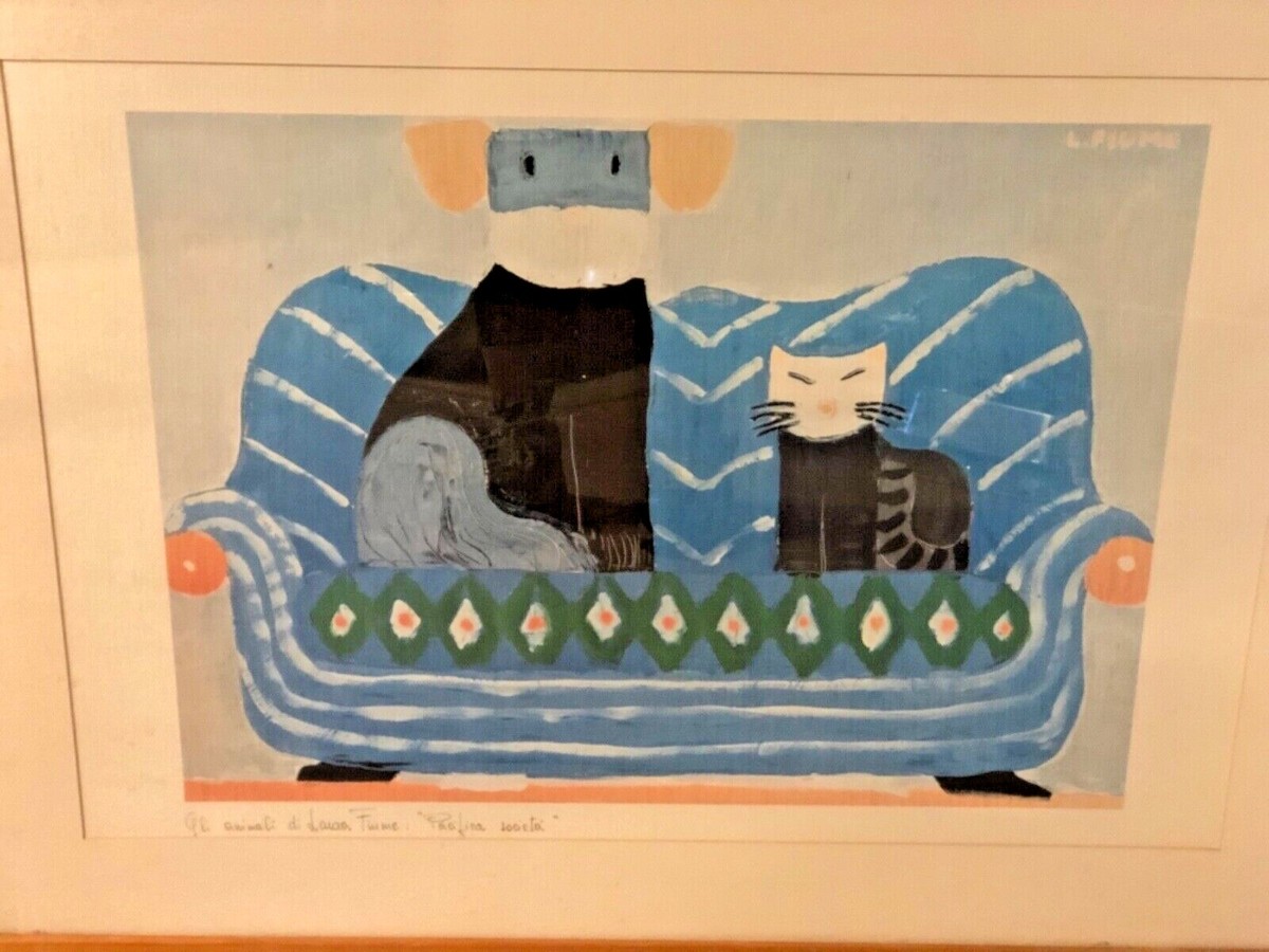 ITALIAN LAURA FIUME SIGNED CAT & DOG LITHOGRAPH “PACIFICA SOCIETA
