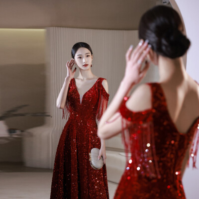 Burgundy Bridal Women's Wedding Sequins Evening Dress Large Size V-neck A-line