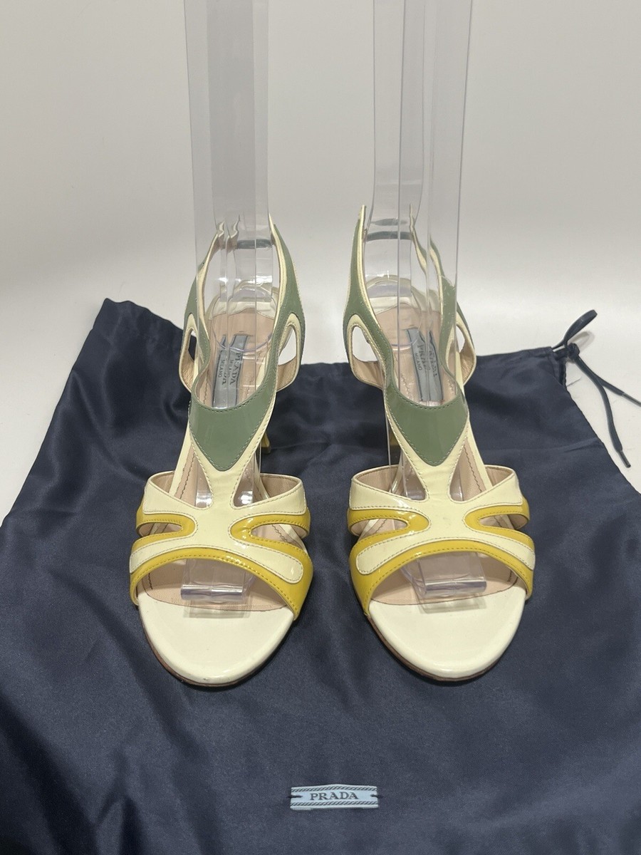靴 Prada Patent Leather Strap Heels 36 1/2 Vtg PRADA SS2012 WHITE YELLOW PATENT LEATHER SANDAL HEELS 38 | eBay