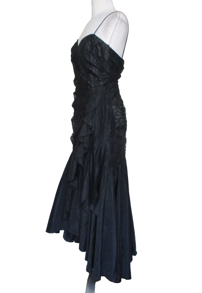 Vestido De Colección TD4 ELetra Para Mujer Negro Encaje Fruncido Corpiño Tafetán Falda XS/S Foto 3 de 4