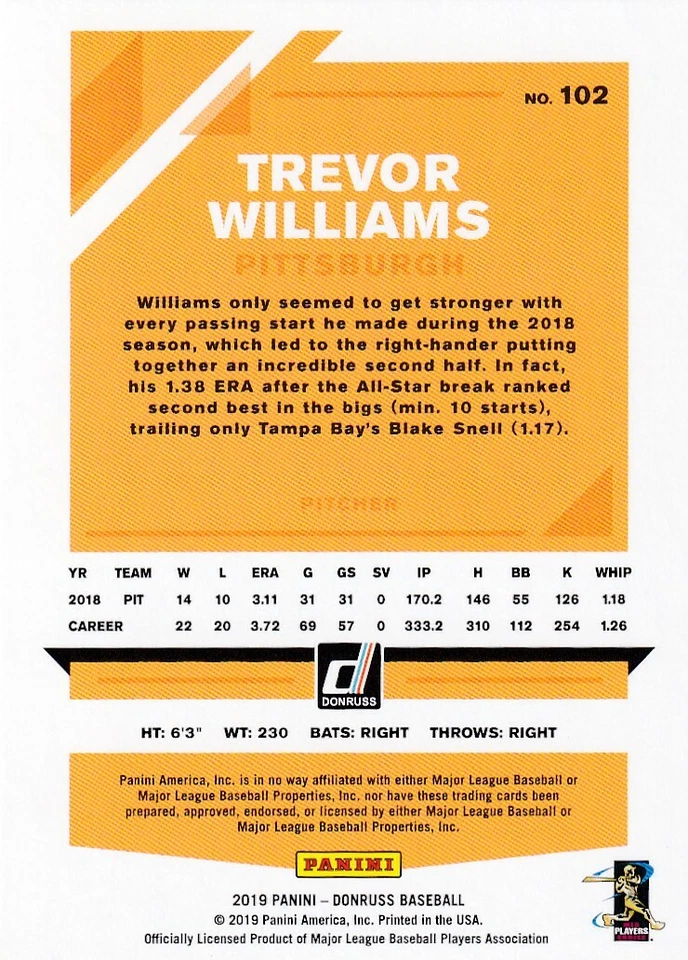 2019 DONRUSS PINK HOLO TREVOR WILLIAMS PITTSBURGH PIRATES PARALLELS P2663 - Image 2 of 2
