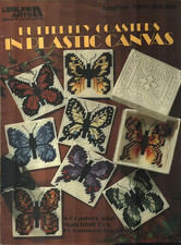USED BUTTERFLY COASTERS 8 DESIGNS  MATCHING BOX PLASTIC CANVAS PATTERN LEAFLET