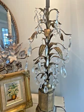 Vintage Italian Tole Gold Gilt Table Lamp Leaves Prisms Hollywood Regency