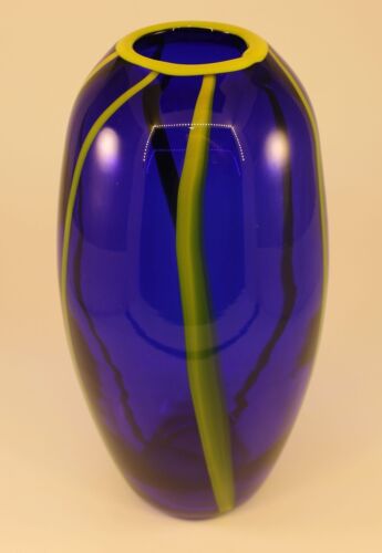 Kunstglas Vase Kobaltblau & Gelb Abstrakte Streifen 9,5" Hoch