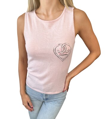 CHANEL Vintage 09C CC Mark Logo Heart Knit Tank Top #34 Pink
