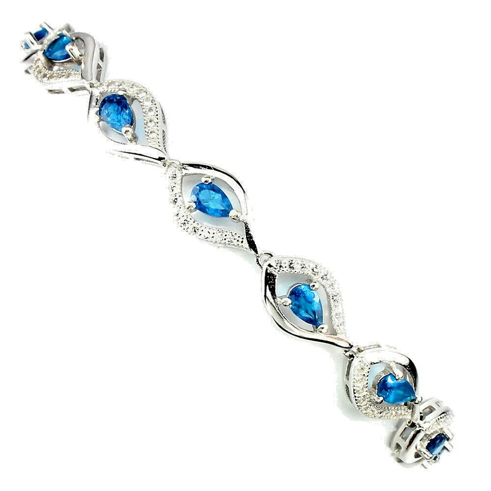 PULSERA PARAIBA APATITA AZUL CON CIRCONITA BLANCA PLATA ESTERLINA .925 14K WGP 7,5 PULGADAS Foto 2 de 3