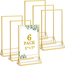 6 Pack 5X7 Inch Clear Acrylic Sign Holders, Double-Sided Gold Display Stand Pict