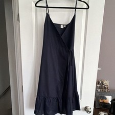 GAP Navy V-Neck Sleeveless Linen Cotton Midi Wrap Dress Tie Ruffle Hem S