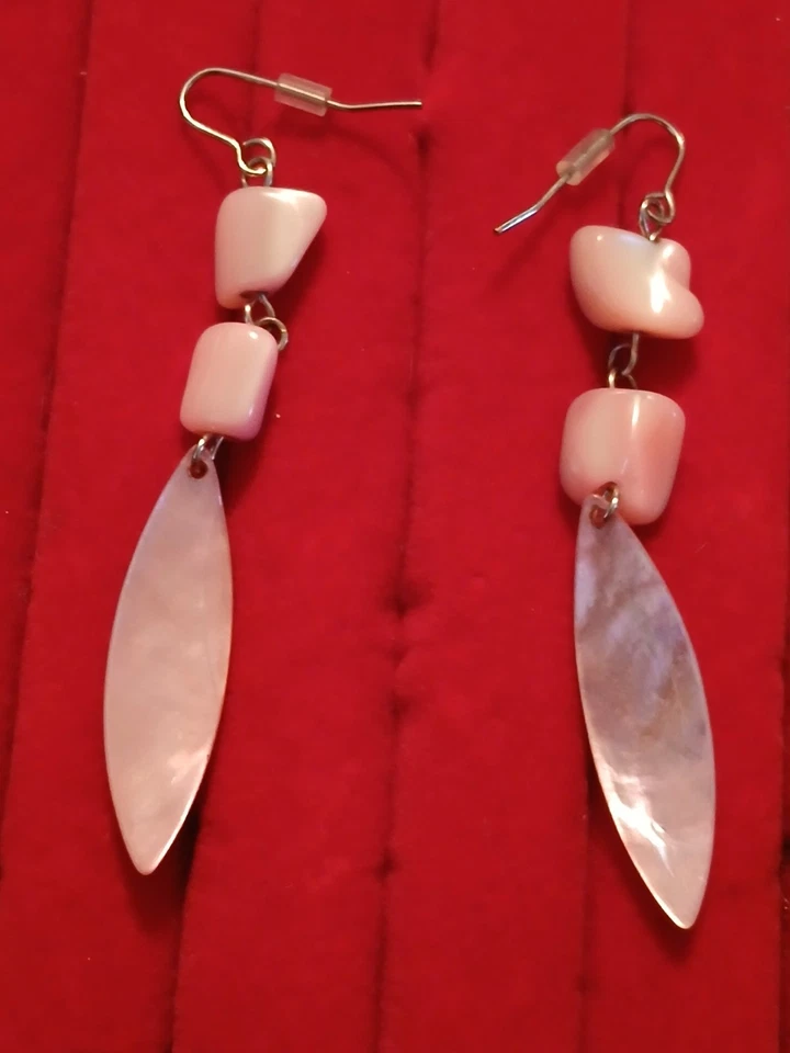  Pendientes colgantes vintage naturales concha de madreperla tono plata rosa/beige Foto 3 de 4