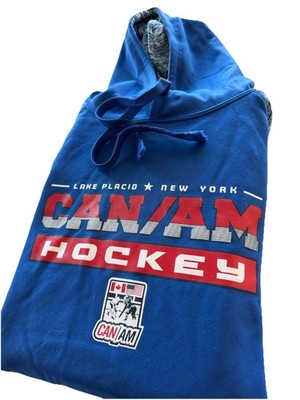 CAN AM Hockey Lake Placid Jersey Hoodie  Mens Large Blue Contrasting Sleeves