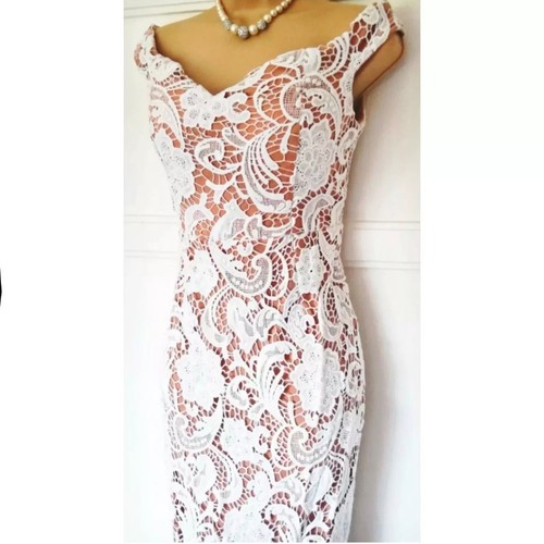 BNWT LUCY WANG For BOOHOO Size L UK 10 12 Marcie Off Shoulder Ivory Midi Dress - Picture 4 of 10