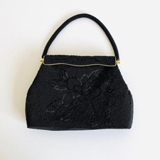 Vintage 1950s Black Fully Beaded Evening Handbag Gold Trim, Cocktail Purse
