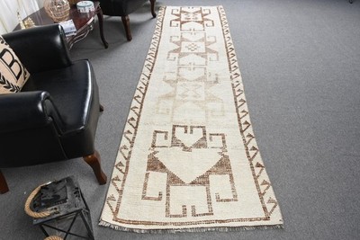 3x10,3 ft Turkish Runner Rug, White Brown Vintage Oriental Wool Rug
