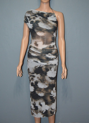 Bec + Bridge Sz 2 Brown Abstract One Shoulder Mesh Midi Dress