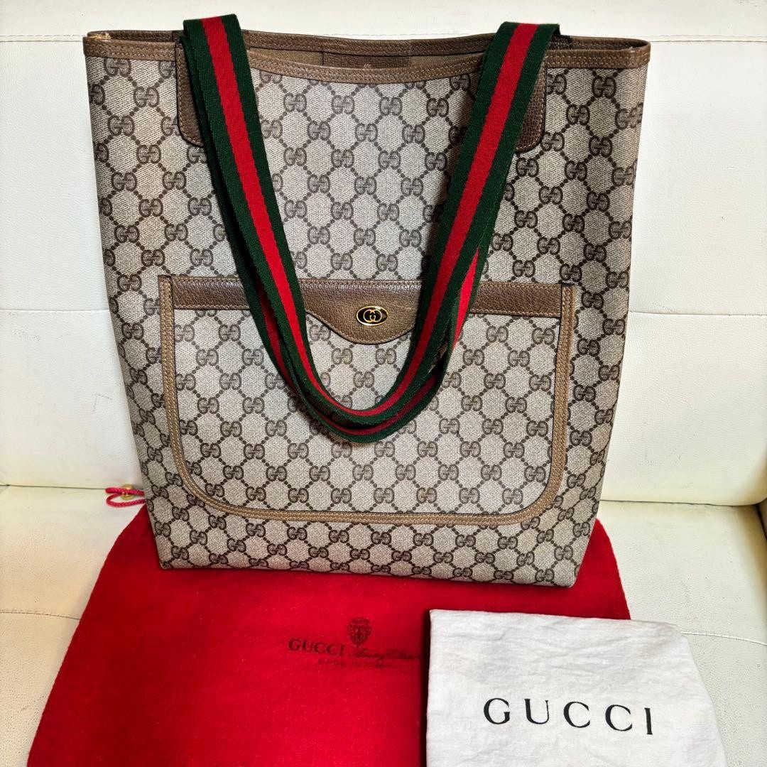 GUCCI Vintage GG Supreme Tote Hand bag Sherry Line Beige PVC Leather From Japan