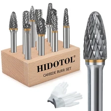 HIDOTOL 10PC Carbide Burr Set 1/4" Shank Double Cut Bits for Metal Wood