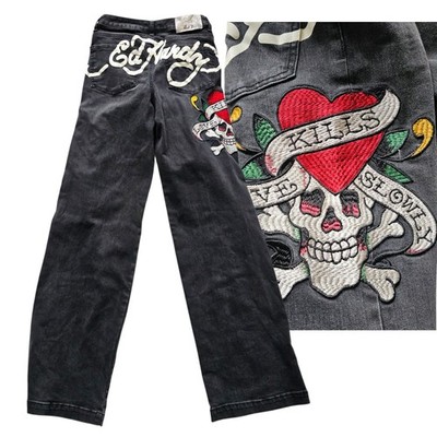 Ed Hardy Jeans Women 24 Fits 26x32 Black Skull Baggy Low Rise Bootcut Y2K Love 