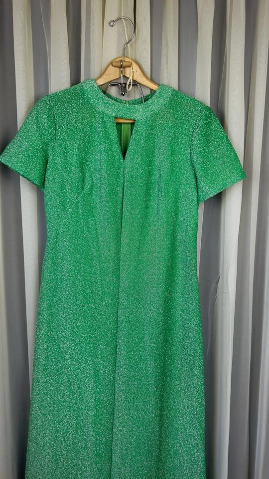 Maxi Vestido De Colección Años 70 Metálico Verde Cojo Tejido Brillante Mod Anfitriona Retro, Hippy Foto 2 de 4