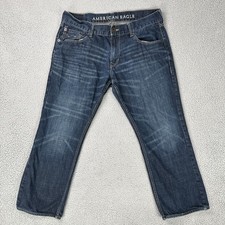 American Eagle Low Rise Boot Jeans Men 36x27 Blue Dark Wash Whisker Flap Pocket