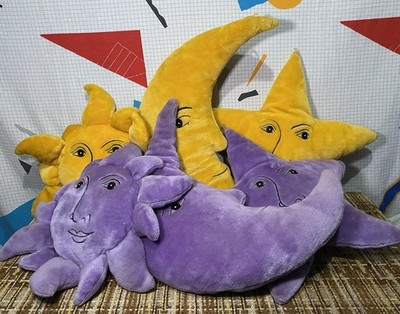 Vtg Salamander Graphix Celestial Plush Pillows Set Sun Star Moon Purple Yellow
