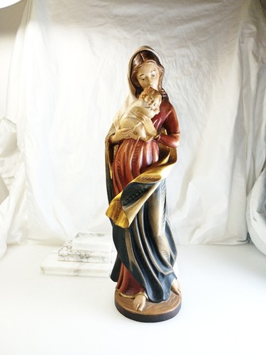 Wood Carved Statue Mary & Jesus (Infant) Italy, Painted, Stained, Gold Leaf 15"