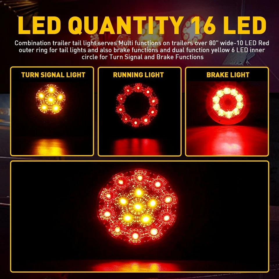 4" Amber Round 16 Red LED Turn Stop Brake Tail Trailer Light for RV Jeep Truck - Imagem 3 de 4