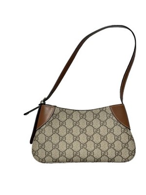 Gucci GG Monogram Calfskin Small Emblem Shoulder Bag Beige Dark Brown