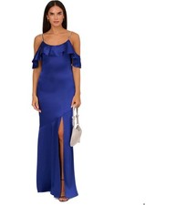Adrianna Papell Womens Solid Slit Ruffled Gown Dress, Blue, 14