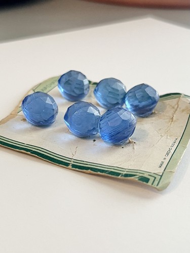 Vintage 1/2" Blue Czech Glass Faceted Ball Buttons on Original Card--Set of 6
