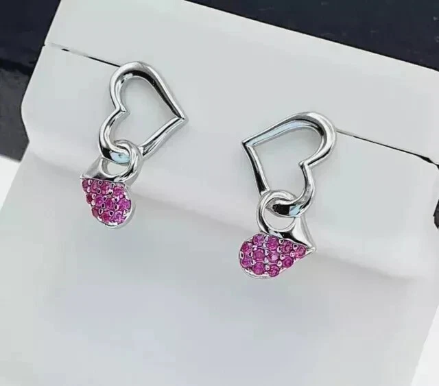 1.20Ct Round Cut Lab Created Ruby Heart Dangle Earrings 14K White Gold Plated - Image 3 of 4