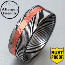 Customized Damascus Steel Ring Copper Hammered Inlay Men Flat Engagement Band