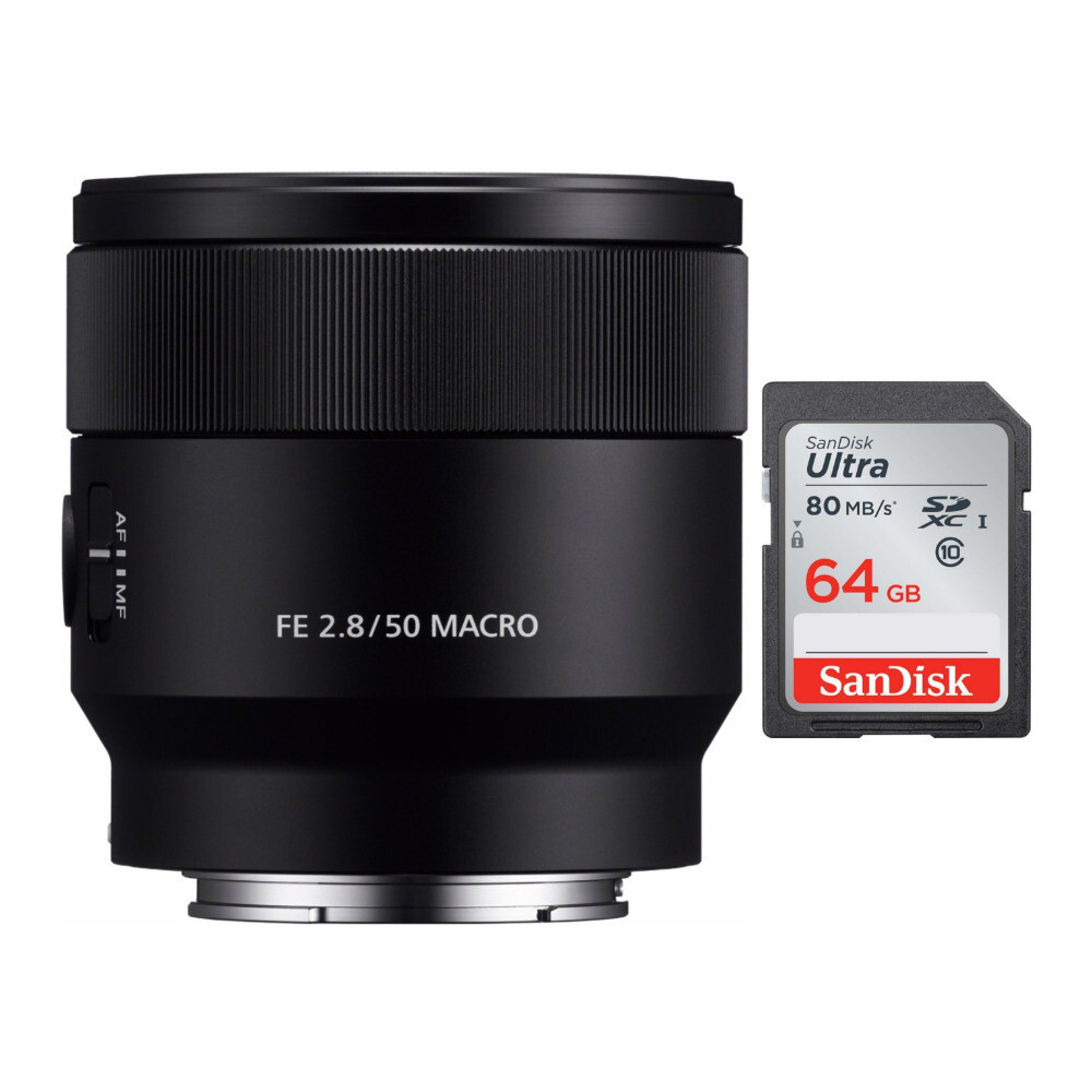 Макрообъектив Sony SEL50M28 FE 50 мм F2.8 и SD-карта Sony на 64 ГБ