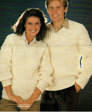 Ladies Men's V-neck Easy Knit Sweater Knitting Pattern Rib Aran 32-44" 1421