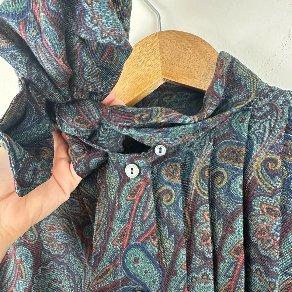 Blusa Ralph Lauren Para Mujer 12 Lana Seda Paisley Años 80 De Colección, Lazo en el Coño, Hecha en Unión Foto 4 de 4