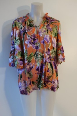 NWT Womens Alice + Olivia Floral Palm Coral Orange Purple Tunic Blouse Top L