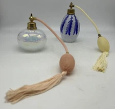 Two Vintage Glass Perfume Bottle Atomizers, Pearl, White & Blue, Brass