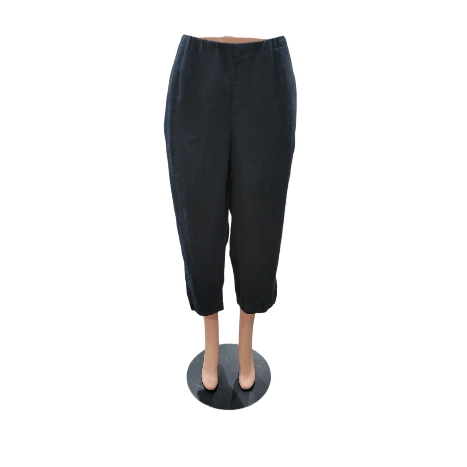 J. Jill Women's Love Linen Pants Size Large Black Wide Leg Cropped Pull On