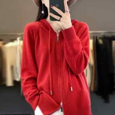 100 Cashmere Sweater Women's Hooded Cardigan Casual Coat Wool Outwear Zipper