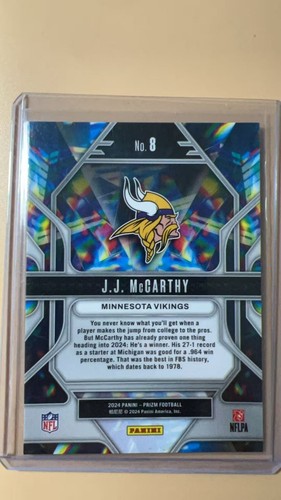 JJ MCCARTHY 2024 Panini Prizm #8 Prizmatic RC Rookie VIKINGS - Picture 2 of 2
