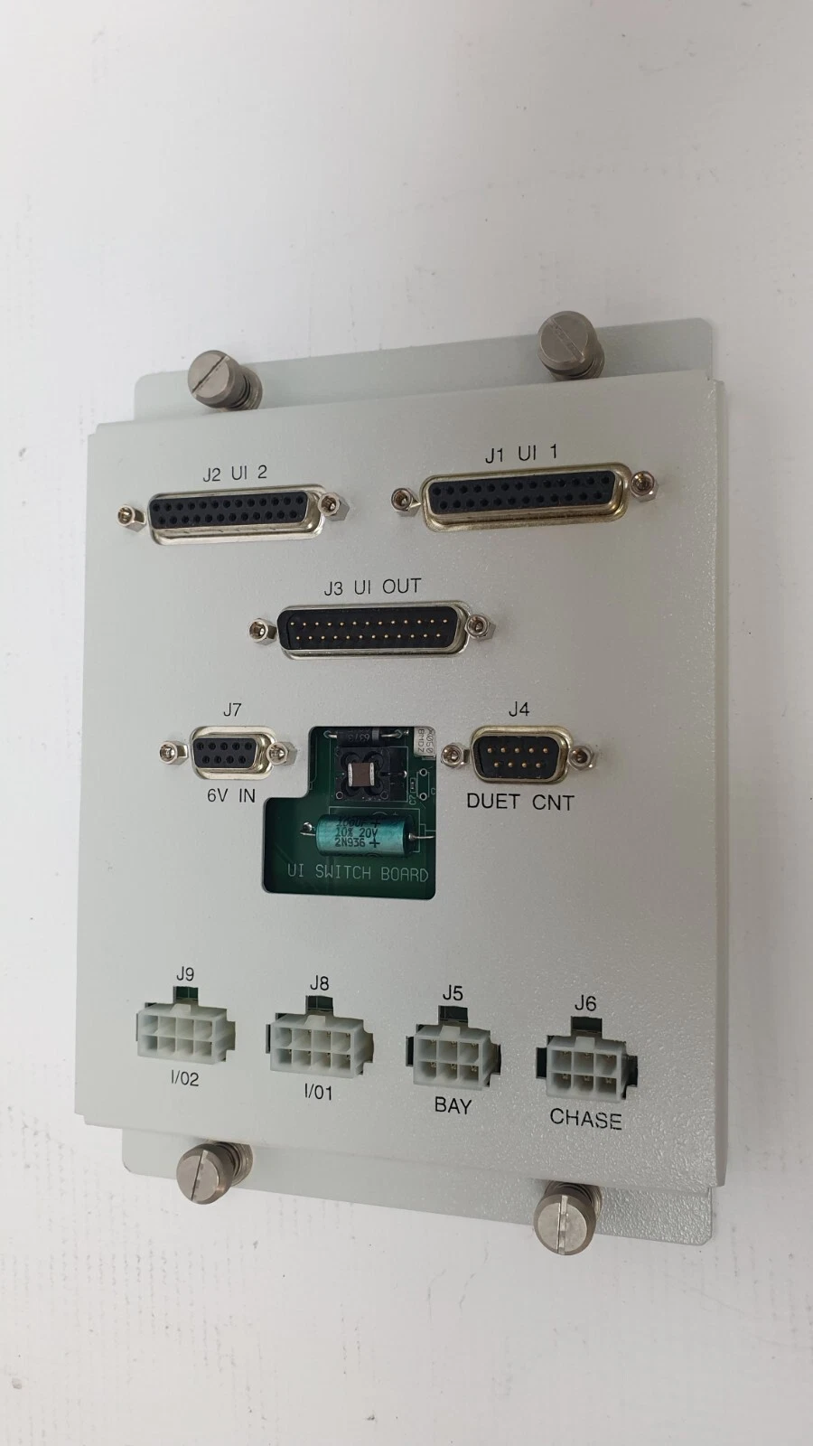 AMAT UI Switch Board 50312441000 in portrait view showing J1–J9 connector labels and thumbscrews