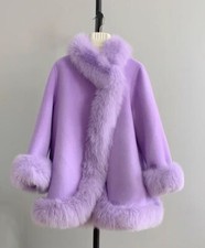 Women's Brand New Lilac Cashmere Wool Wrap Cape Jacket Coat Fox Fur