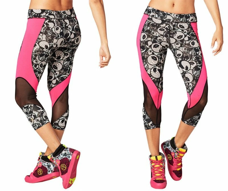 Zumba ~ Zmoji Mesh Capri Leggings - Black & Pink ~ XS ~ Free Ship! New!