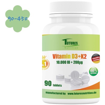 Vitamin D3 K2 90-450 Tablets, Premium 10.000 I.E Vitamin D3 Germany Qualität
